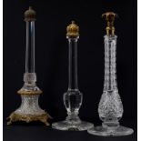 THREE BRASS MOUNTED GLASS CLARKE'S CRICKLITE LAMP BASES, C1880 30 - 33cm h, Cricklite trade mark ++