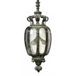 A FINE VICTORIAN BRONZE HALL LANTERN BASED ON A DESIGN FROM CHIPPENDALE'S DIRECTOR, C1800 96cm h;