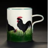 A WEMYSS WARE MUG, C1900 painted with a black cock and three hens, 14cm h, impressed and painted