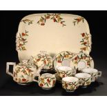 AN E J BODLEY PRIMROSE GROUND CABARET SET, C1876 printed and painted with fruit, tray 37.5cm w,