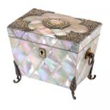 A VICTORIAN EPNS MOUNTED MOTHER OF PEARL TEA CADDY, LATE 19TH C of sarcophagus shape, the interior