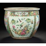 A CANTON FAMILLE ROSE JARDINIERE, 19TH C decorated with scenes alternating with flowers and birds