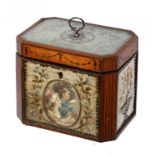 A GEORGE III SATINWOOD AND INLAID TEA CADDY INSET WITH FINELY EMBROIDERED AND SEQUIN DECORATED