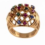 A FRENCH MULTI GEM SET 18CT GOLD TRELLIS DESIGN RING maker's and tete d'aigle control marks,