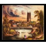 A DERBY DECORATED PLAQUE, C1830 painted with a view of Derby from the Weir on the River Derwent,