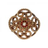 A DIAMOND SET GOLD AND ENAMEL BROOCH, LATE 19TH C with stylised flower boss and rope surround, 3.2cm