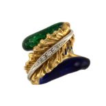 A DIAMOND AND TWO COLOUR GOLD AND BLUE AND GREEN GUILLOCHE ENAMEL RING, marked 750, 12.6g, size