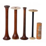 FOUR WOODEN MONAURAL STETHOSCOPES, 19TH AND EARLY 20TH C of turned ebony, cedar or other wood, two