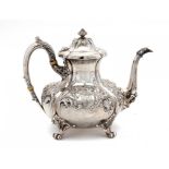 A NORTH AMERICAN SILVER MELON SHAPED TEAPOT, LATE 19TH C embossed with flowers, 19.5cm h, by