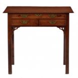 A GEORGE III OAK AND CROSSBANDED LOWBOY, EARLY 19TH C with chamferred legs and pierced brackets,