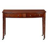 A GEORGE IV BOW CENTRED MAHOGANY AND EBONY LINE INLAID SIDE TABLE, C1830 on ring turned tapering