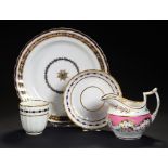 A DERBY FLUTED BLUE AND GILT COFFEE CUP AND SAUCER, DESSERT PLATE AND PINK GROUND JUG PAINTED WITH