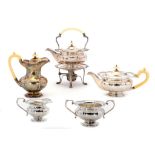 A GEORGE V SILVER FIVE PIECE TEA SERVICE the pots with ivory handles, tea kettle and cover 30cm h,