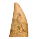 A SCRIMSHAW WHALE'S TOOTH, 19TH C decorated with a native figure standing by a mastiff, the