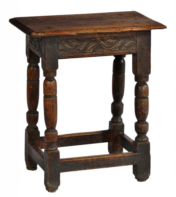 A CHARLES II OAK JOINT STOOL, LATE 17TH C the rails carved with scrolling foliage, 54cm h; 27 x 48cm