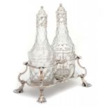 A GEORGE II SILVER OIL AND VINEGAR CRUET with pair of silver capped facet cut glass mallet shaped