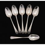 A SET OF SIX GEORGE III SILVER TABLESPOONS Old English pattern, later engraved, by George Smith,