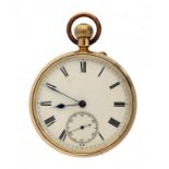 AN 18CT GOLD KEYLESS LEVER WATCH No 97371, with blued steel hands and enamel dial, three quarter