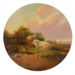 ENGLISH SCHOOL, 19TH CENTURY SHEEP AND A COCKEREL ON A HILLOCK bears signature, oil on canvas, 34.