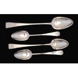 A GEORGE III SILVER BASTING SPOON, ANOTHER AND A PAIR OF TABLESPOONS Old English pattern, all