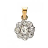 A DIAMOND CLUSTER PENDANT with gold loop, 1.1cm diam, 18g ++In very good condition, one or two of
