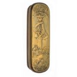A GERMAN BRASS TOBACCO BOX, ISERLOHN, C1760 the lid embossed with Frederick the Great, the underside