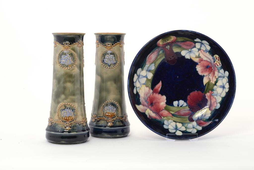 A MOORCROFT ORCHID BOWL, C1960 26cm diam, impressed marks, blue painted initials and a pair of