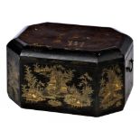 A CHINESE BLACK AND GOLD EXPORT LACQUER BOX, EARLY 19TH C cut cornered and decorated in coloured