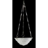 AN ART DECO FROSTED GLASS CEILING LIGHT, C1930 with three chromium plated brass hooks and chains