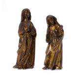 TWO GILT BRONZE FIGURES OF FEMALE SAINTS IN EARLY 16TH C NETHERLANDISH STYLE, 19TH C 20 and 22cm