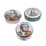 THREE NELSON COMMEMORATIVE ENAMEL PATCH BOXES, C1900 one painted, the others printed and painted