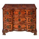 A GERMAN SERPENTINE WALNUT, OAK AND INLAID COMMODE, C1750 with steel locks and brass rococo