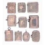 TEN EDWARD VII AND GEORGE V SILVER VESTA CASES 5cm h and smaller, various makers and dates, 7ozs