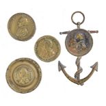 A REGENCY NELSON COMMEMORATIVE BRASS ANCHOR HANGING ORNAMENT WITH PORTRAIT MEDALLION AND TWO