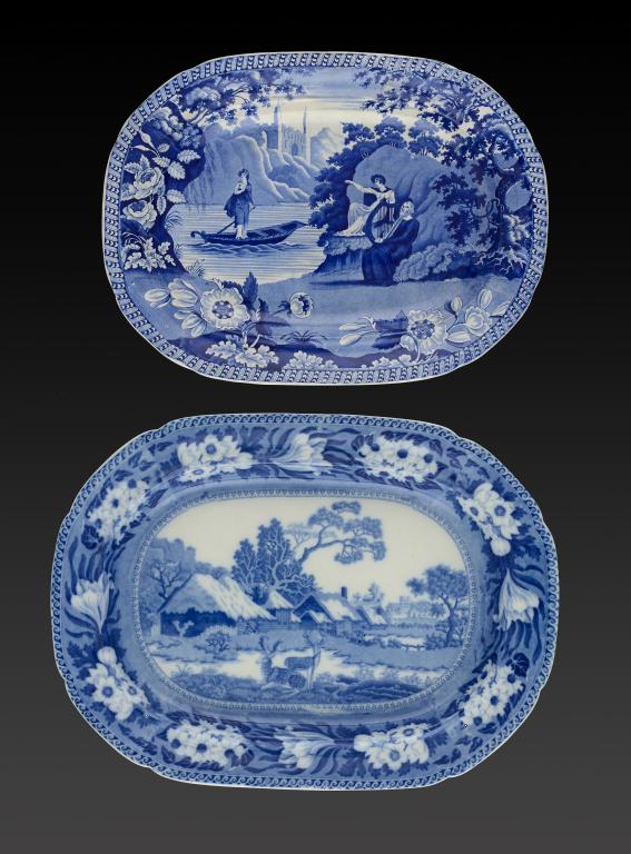 A T & J CAREY BLUE PRINTED EATHENWARE LADY OF THE LAKE PATTERN MEAT DISH AND A JOHN ROGERS & SON