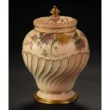 A ROYAL WORCESTER WRYTHEN FLUTED ROSE JAR, COVER AND INNER COVER, 1900 printed and painted with wild