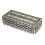 AN INDIAN IVORY, EBONY, SANDALWOOD AND SADELI CRIBBAGE BOX, MID 19TH C with double ended drawer,