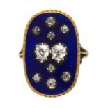 A DIAMOND, GOLD AND BLUE GUILLOCHE ENAMEL RING, EARLY 19TH C with two larger pear shaped diamonds,