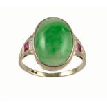 A JADEITE, RUBY AND DIAMOND RING, C1930 in white gold marked 18ct, 3.2g, size J ++A very