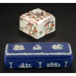 A WEDGWOOD DARK BLUE JASPER DIP TOILET BOX AND COVER, C1880 18cm w and a Wedgwood Queen's Ware