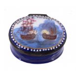 A NELSON COMMEMORATIVE ENAMEL PATCH BOX, C1900 the lid painted with a naval engagement and inscribed