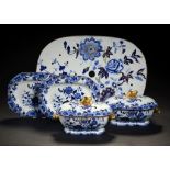 A PAIR OF SPODE BLUE PRINTED STONE CHINA STARSHIP PATTERN SAUCE TUREENS, COVERS AND STANDS AND A