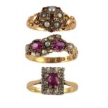 TWO VICTORIAN GEM SET RINGS, 1874 AND CIRCA of foiled rubies and split pears or amethysts and