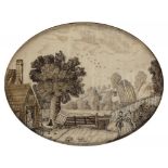 A PAIR OF REGENCY BLACK SILK EMBROIDERED 'HAIRWORK' PICTURES, C1820 of rural scenes with ivory