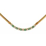 AN ITALIAN EMERALD, DIAMOND AND GOLD NECKLET marked on clasp 18K, gem set section 4.3cm w, 25.7g ++