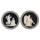 A PAIR OF ADAMS BLACK JASPER DIP MEDALLIONS, C1900 sprigged with classical figures, 13.5cm diam,