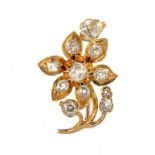 A DIAMOND SPRAY BROOCH with cushion and pear shaped old cut diamonds, in gold, 2.9cm l, 6g ++In good