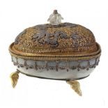 A SINO TIBETAN JEWELLED COPPER GILT, SILVER AND ROCK CRYSTAL RITUAL VESSEL AND COVER, KAPALA,