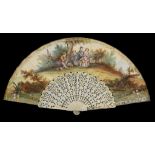 A FRENCH BONE FAN, LATE 19TH C the leaf painted with a fete galante, the silvered and gilt guards