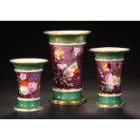 A GRADUATED SET OF THREE STAFFORDSHIRE GREEN GROUND BEADED BEAKER MATCH POTS, C1820 painted with a